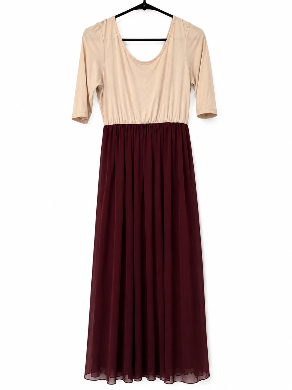 Two-Tone Women's Maxi Dress — Beige Top with Burgundy Skirt